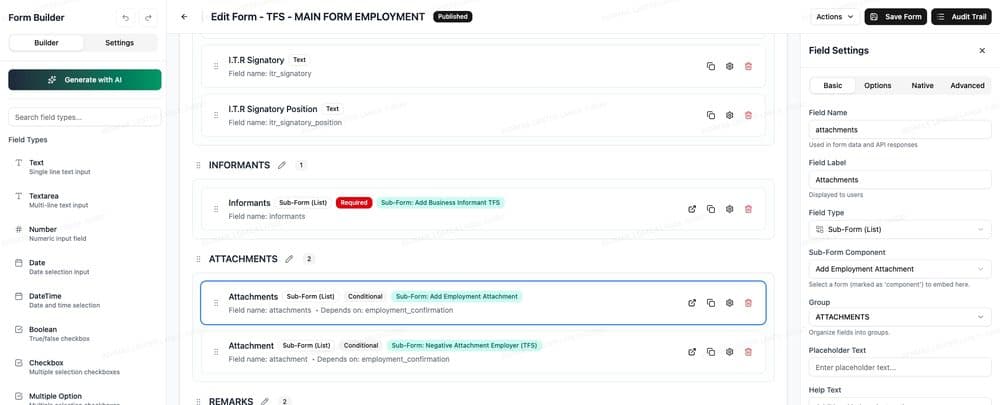 Fig. 5. The form builder that made the configurable shape possible: a new investigation type is defined rather than released. Staging environment, mock data.