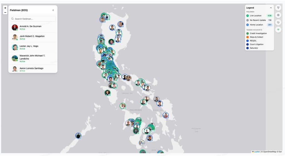 835 of the 978 field agents, live on the map. Staging environment, mock data.